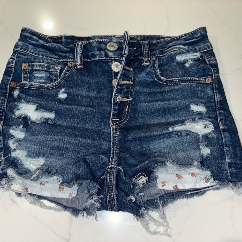 American Eagle Dark Blue Distressed Jean Shorts
